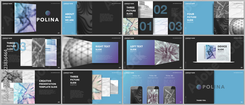 Minimal presentations design, portfolio vector templates with elements on black background. Multipurpose template for presentation slide, flyer leaflet, brochure cover, report, marketing, advertising.