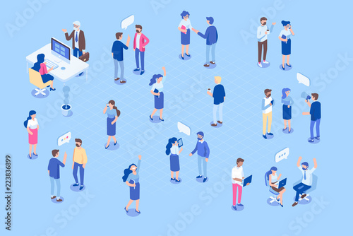 Isometric people in Office. Isometric office workspace. Flat vector illustration isolated on white background.