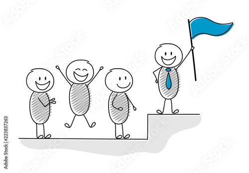 Leader with flag standing on the top. Vector.