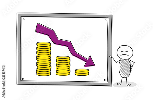 Cartoon stickman with money graph. Vector.