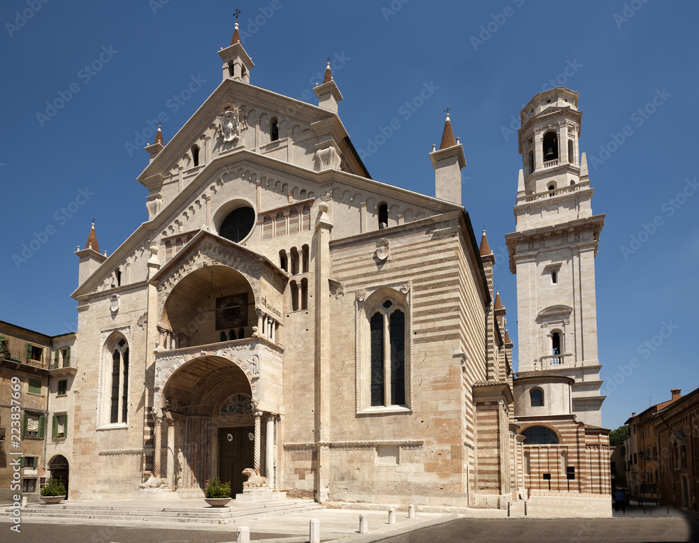 facade of the catholic middle ages romanic cathedral of San Zeno in Verona