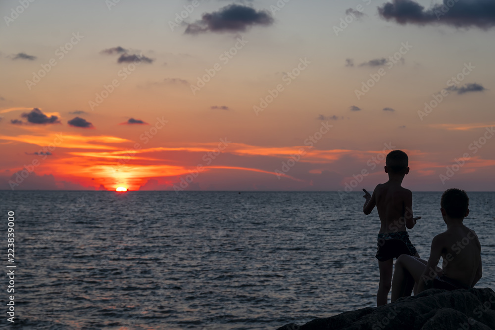 Silhouettes two boys watching sun at sunset on the beach