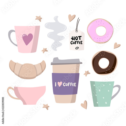 Coffee big set illustrations. Coffee to go, coffee cups and sweets