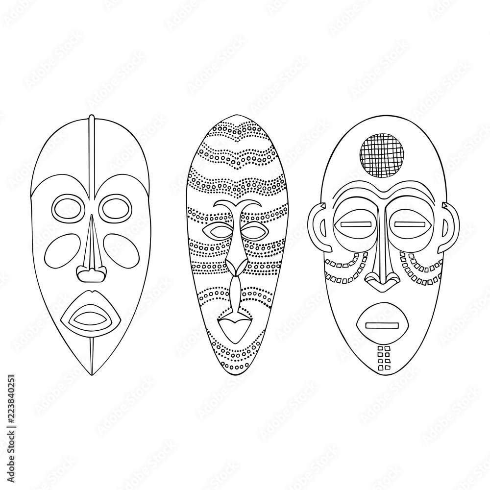 African mask. Hand-drawn set of African tribal masks. Vector illustration  on white background. Stock Vector | Adobe Stock