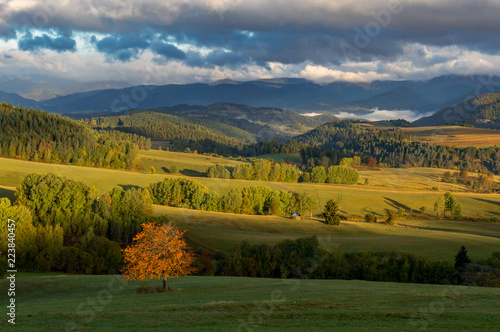Fall in Slovakia. Meadows and fields landscape near Povraznik. Autumn color trees at sunrise.