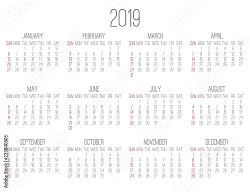 Year 2019 monthly calendar
