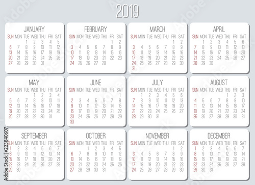 Year 2019 monthly calendar