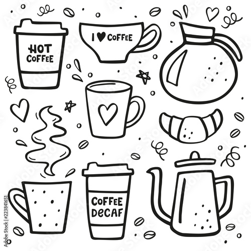Coffee doodle big set. Coffee to go, coffee pots, cups and design elements.