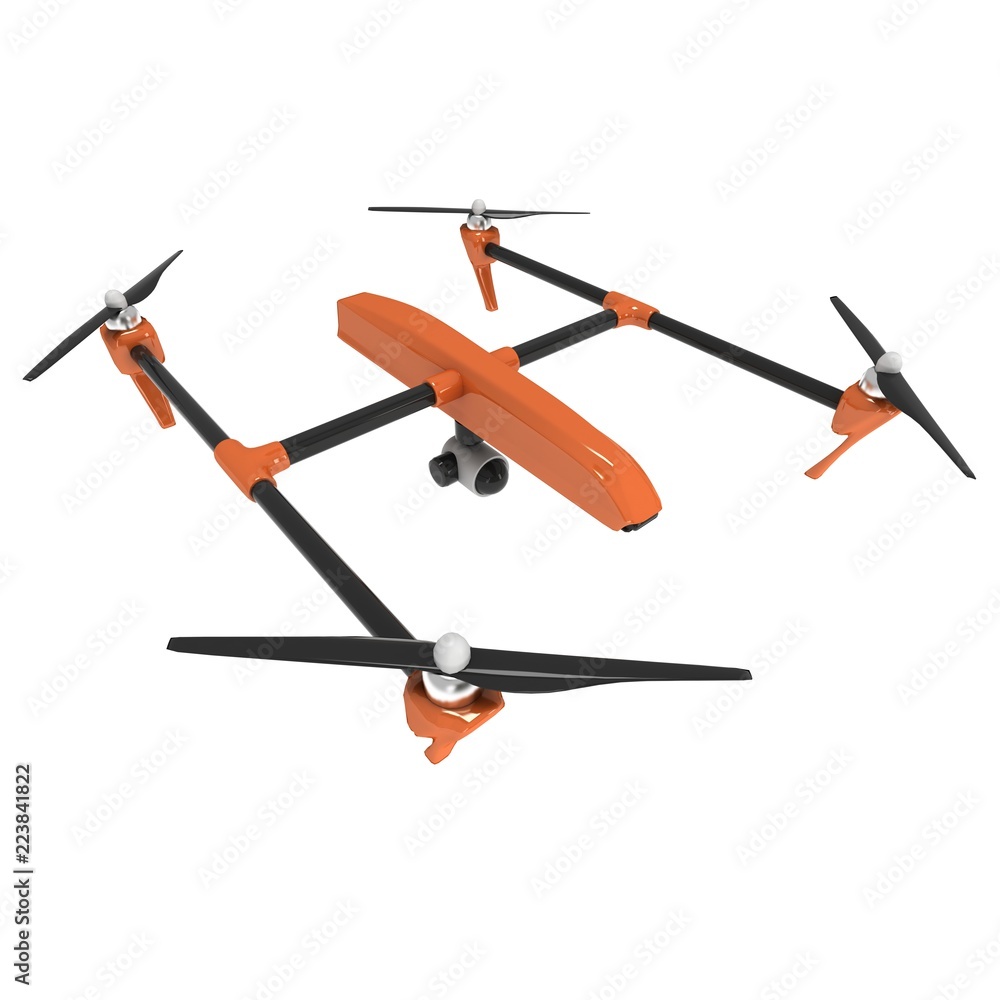 Remote control air drone. Dron flying. 3d render isolated on white
