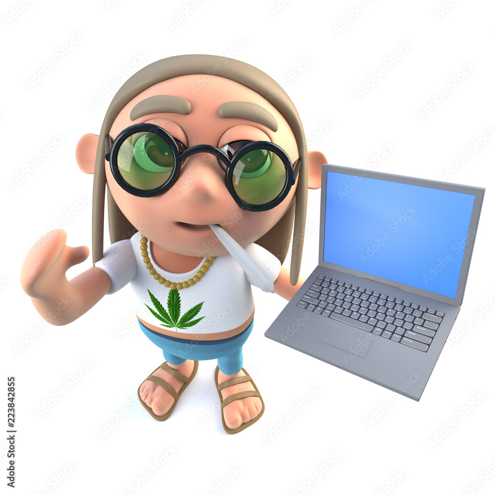 3d Funny cartoon hippy stoner character holding a laptop computer Stock  Illustration | Adobe Stock