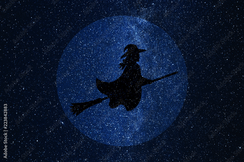 Silhouette of witch flying on broomstick against background of night sky and full moon. Silhouette of witch flying on broomstick against background of night sky and full moon.