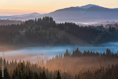Early morning misty autumn Carpathian mountain, Ukraine.