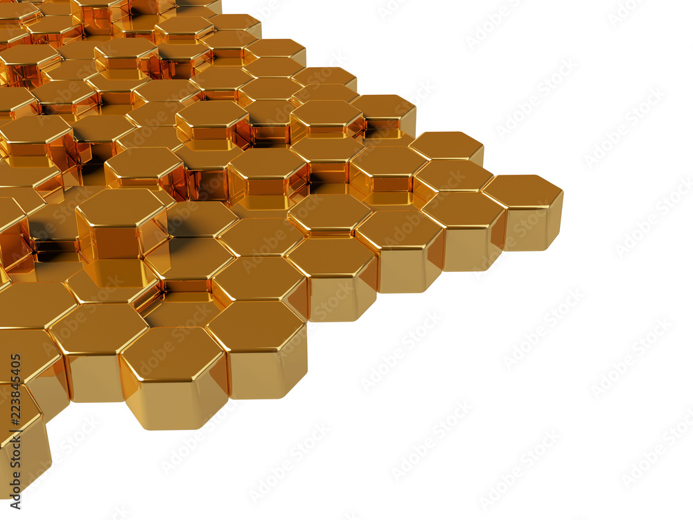 Wall of golden hexagons as wallpaper or background. 3D rendering