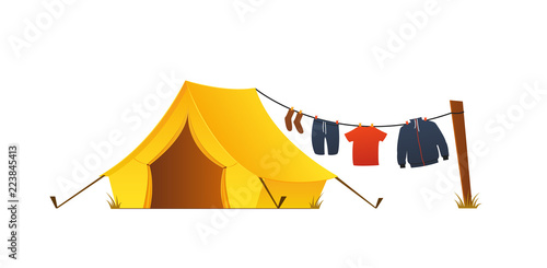 Tent camping in outdoor travel. Vector illustration for nature tourism, journey, adventure. Tent element concept with drying clothes