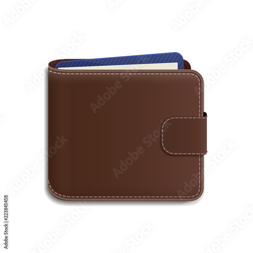 Realistic leather wallet logo vector. Brown purse icon for counting finance, remittance, payment, mobile bank, expenditure log