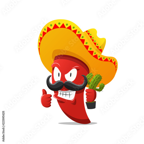 Red chili pepper vector illustration. Hot spicy cartoon funny character. Traditional mexican ingredient with hat, mustache and cactus.