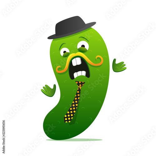 Surprised sir cucumber character. Vegetable for print, menu, recipe. Educated official, magician. Vector cartoon illustration of fear.
