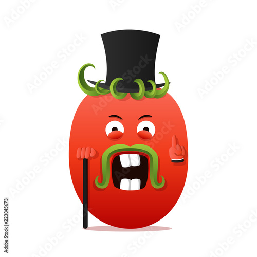 Sir tomato character. Vegetable for print, menu, recipe. Educated intellectual, official, magician. Vector cartoon illustration