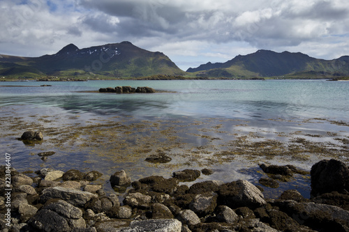 A view on mountains on a clear fjord in norway, Lofoten