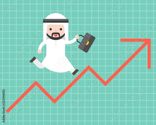 Cute arab business man running on arrow up, business situation concept