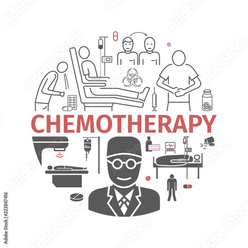 Chemotherapy illustration. Icons set. Medicine infographics. Side effects of chemotherapy. Vector illustration.