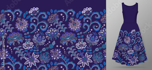Vertical seamless fashion background. Women's long dress mock up with bright seamless hand drawn pattern for textile, paper print. Isolated dark green dress with colorfulpattern. vector
