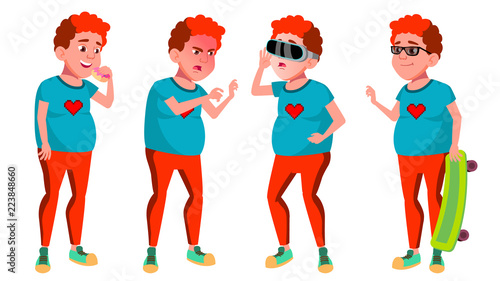 Fototapeta Naklejka Na Ścianę i Meble -  Teen Boy Poses Set Vector. Red Head. VR Glasses. Fat Gamer. Positive Person. For Postcard, Cover, Placard Design. Isolated Cartoon Illustration