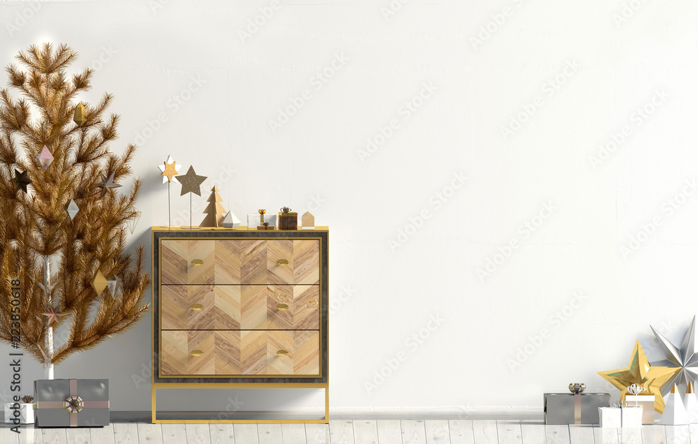 Obraz premium Modern Christmas interior with dresser and Christmas tree, Scandinavian style. Wall mock up. 3D illustration