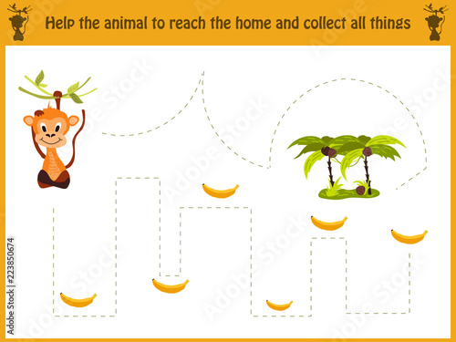 Cartoon illustration of education. Matching game for preschool kids trace the path of the monkey in the jungle and collect all the bananas. Education and games. Learn handwriting. Vector