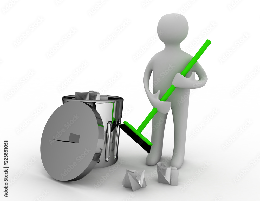 3d white people street sweeper and a trash can 3d white people street sweeper and a trash can