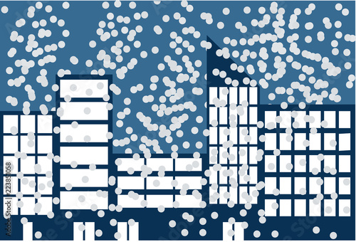 Silueta azul de una ciudad en una noche nevando.