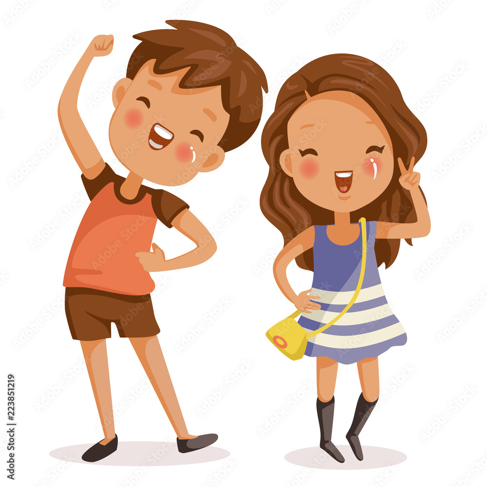 Boys and girls. Cute children are standing and smiling. Cartoon vector illustration, isolated on white background.