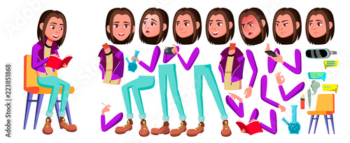 Teen Girl Vector. Animation Creation Set. Face Emotions, Gestures. Activity, Beautiful. Animated. Smoking Cannabis. For Advertising, Placard, Print Design. Isolated Cartoon Illustration
