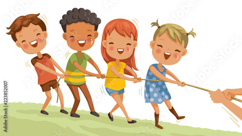 Children group playing tug of war at the park. girls and boys fun.  happy kids playing together on grass during holiday. vector illustrations isolated on white background.