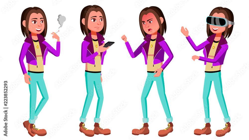 Teen Girl Poses Set Vector. Face. Children. VR Glasses. Smoking. For Web, Brochure, Poster Design. Isolated Cartoon Illustration Teen Girl Poses Set Vector. Face. Children. VR Glasses. Smoking. For Web, Brochure, Poster Design. Isolated Cartoon Illustration