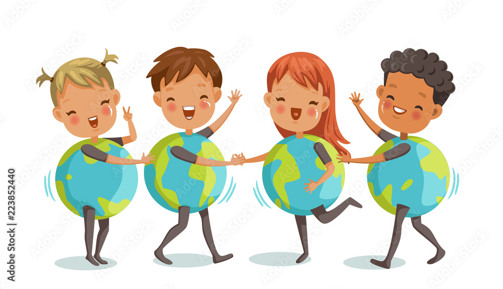 children's globe. world population day. Four cute children in mascot orb. Performed on stage at school. Common activities of boys and girls. group child on stage. cartoon vector illustration isolated Stock Vector | children's globe. world population day. Four cute children in mascot orb. Performed on stage at school. Common activities of boys and girls. group child on stage. cartoon vector illustration isolated Stock Vector |