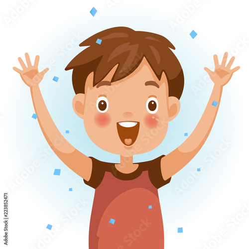Excitement boy. One person in red shirt raising hands. The face is smiling and open with a very excited mood. Feeling very happy children. Vector illustration isolated white background.