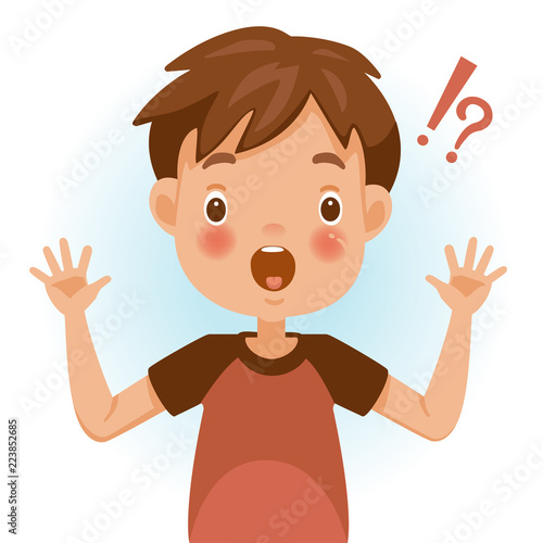 Surprised children. Boy mark shocked, question mark and exclamation. Acting and feeling of a person's face. Vector illustrations isolated on white background.

