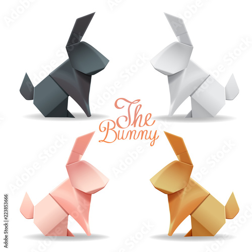 Origami paper bunny and rabbit group set decor vector illustration