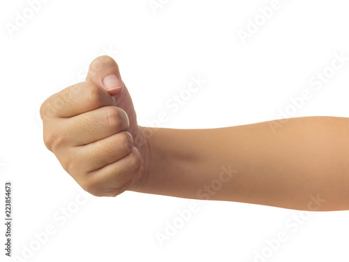 Human hand in fist, punch or griping gesture isolate on white background with clipping path, High resolution and low contrast for retouch or graphic design