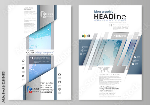 The abstract minimalistic vector illustration of the editable layout of two modern blog graphic pages mockup design templates. World map on blue, geometric technology design, polygonal texture.