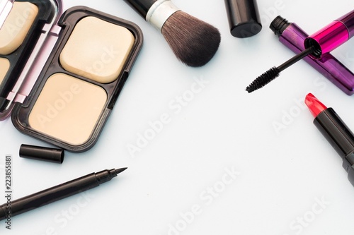 Beauty background concept, idea for cosmetics make up isolated on white background with space for text.