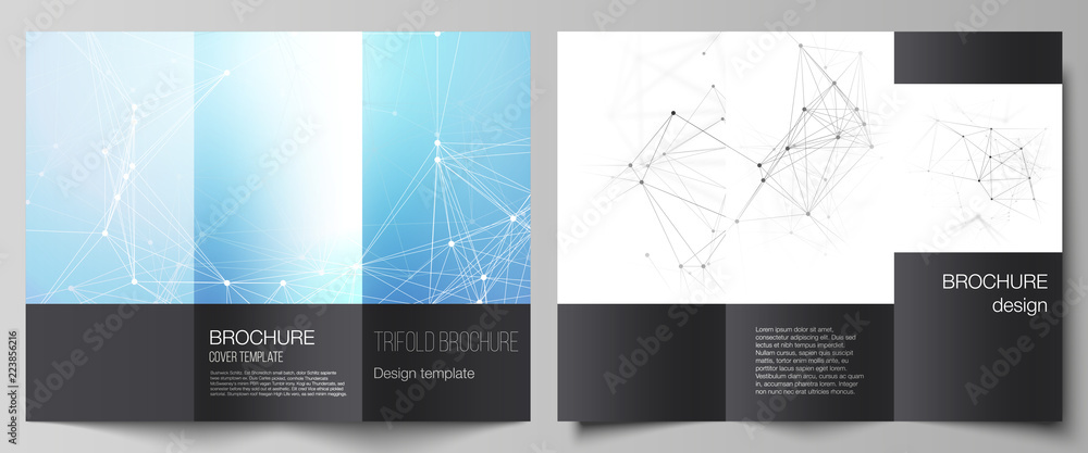 The vector layouts of modern creative covers design templates for trifold brochure or flyer. Technology, science, medical concept. Molecule structure, connecting lines and dots. Futuristic background