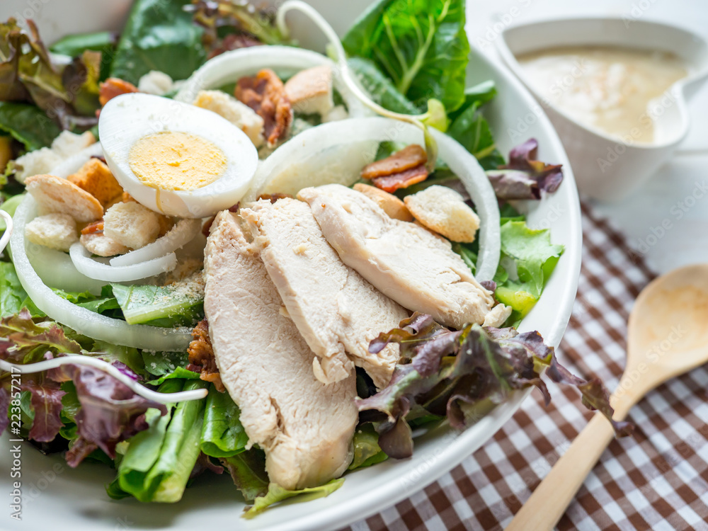 One big ceramic bowl of ceasar salad with ceasar dressing cream. One big ceramic bowl of ceasar salad with ceasar dressing cream.