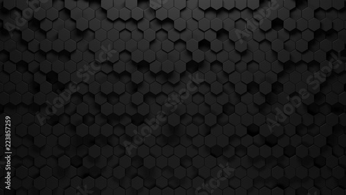 black background of hexagons of different heights, top lighting. Technological backdrop.3d Rendering.
