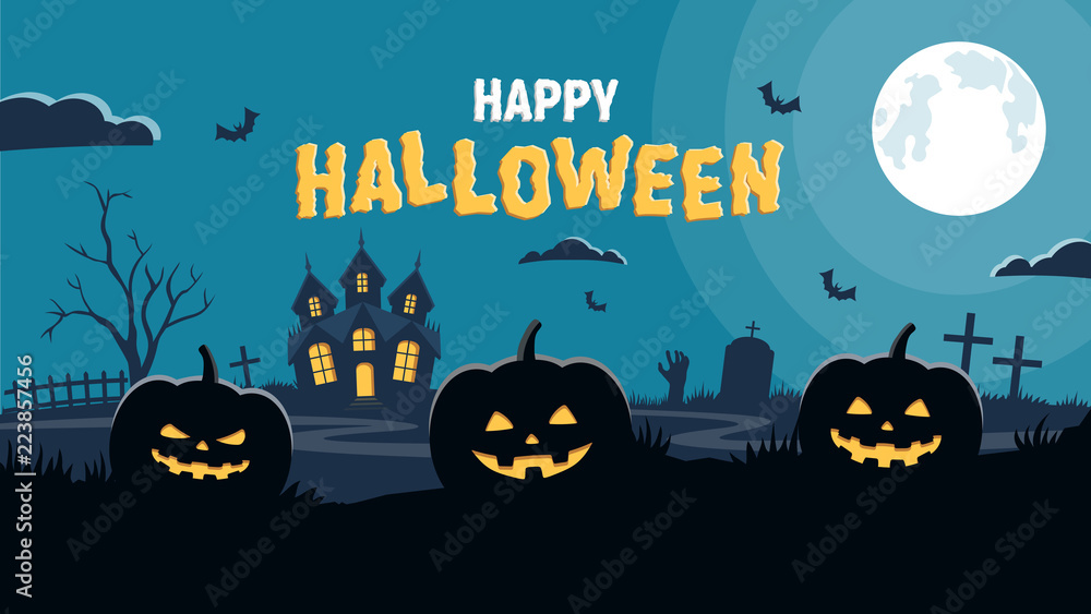 Halloween background. Pumpkins and scary castle on graveyard. Vector illustration in flat style. Halloween background. Pumpkins and scary castle on graveyard. Vector illustration in flat style.