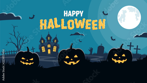 Halloween background. Pumpkins and scary castle on graveyard. Vector illustration in flat style.