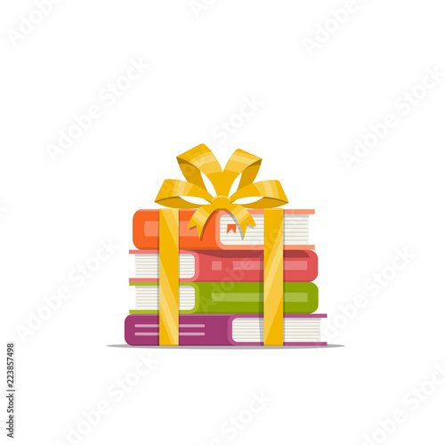 Gift of stacked books with golden ribbon and bow. Icon, symbol, emblem for bookstore, library and online shop. Holiday present. Vector illustration in flat style.