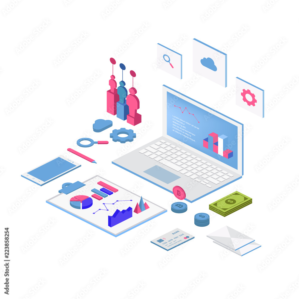 Business strategy and planning. Data and investments. Business success. Computer monitor with infographic elements. Design for presentation, landing page. 3d isometric flat design. Business strategy and planning. Data and investments. Business success. Computer monitor with infographic elements. Design for presentation, landing page. 3d isometric flat design.