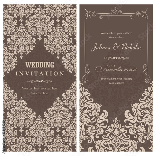 Wedding invitation cards baroque style brown and beige. Vintage Pattern. Retro Victorian ornament. Frame with flowers elements. Vector illustration.